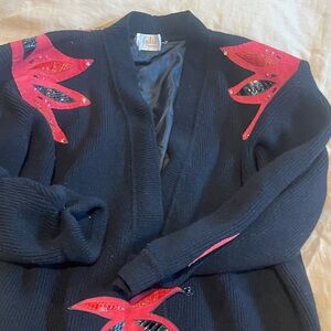 Women's Black Cardigan with Red Accents